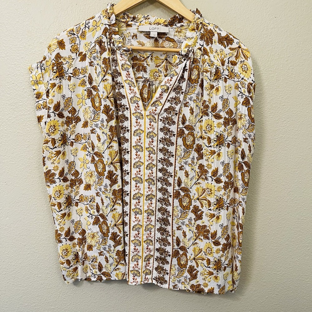 Loft Oversized Floral Boho Top Light Soft Brown Yellow Fall Western Size L